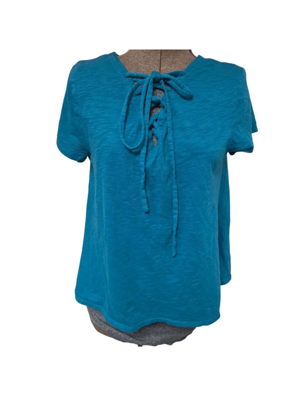 Ann Taylor Loft Teal Lace-Up Neck Short Sleeve Top Womens Small 100% Cotton